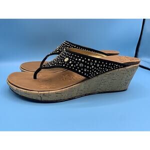 SKECHERS LUXE FOAM Black Bling Cork Wedge Heels Thong Sandals Women's Size 11